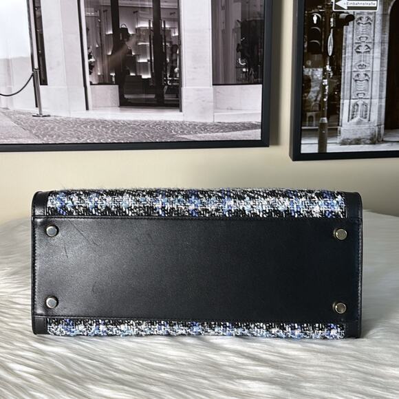 Kate Spade Deco Plaid Tweed Medium Satchel Elegant Black and Blue Tweed Handbag - Picture 6 of 10